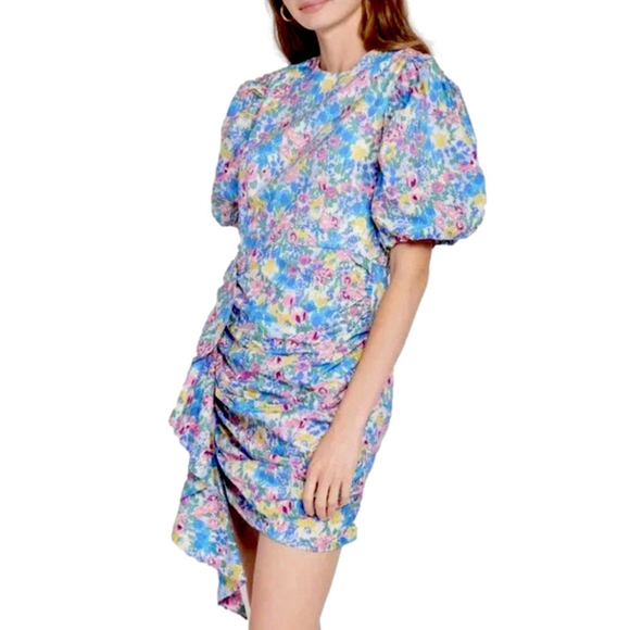 En Saison Dresses & Skirts - En Saison Floral Mini Dress Puffed Statement Sleeve Ruching Ruffle Cotton Small